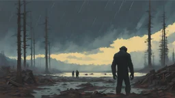 Dawn of the apes, Denis Sarazhin, Alex Colville, Simon Stalenhag, dark ominous sky