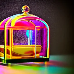 an architectural model of a colorful glass gondola in a bell jar, caustic reflections, frosted glass, glossy from rain, rayonnant style, bokeh, dramatic lighting