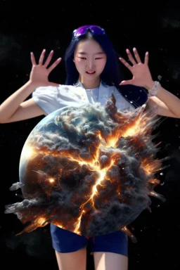 An image of a young Korean woman with a eyes closed expression happy, holding her hands up as if she is reacting to a catastrophic event in front of her. Film, cinematic, realistic, extreme depth of field, She is wearing a white blouse with detail, blue shorts, and sunglasses pushed up onto her head. In front of her, there is a highly detailed planet resembling Earth, dramatically cracking and breaking apart with fiery explosions and molten lava visible at the fractures.