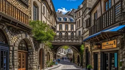 cobbled street with buildings and shops cut from rock, over hanging cliff face, arches, and bridges