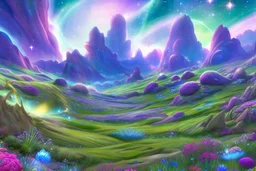 fairy and cosmic landscape with blue grass, magic plants, sky with light and stars