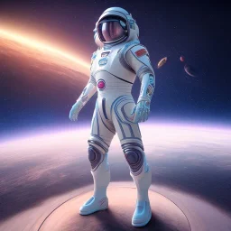 Full body ,Beautiful cosmic man, blue eyes, long blond hair, smiling, cosmic suit, galactic backdrop, soft lighting, hyper realistic, unreal engine 5, 16k