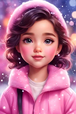 Digital painting of a cute little girl in a stylish pink jacket, front view, cute chibi face, dark wavy hair, hazel eyes, rosy cheeks, pink lips, Disney art, snowfall, colorful bokeh background, digital painting style, High Quality, 4k