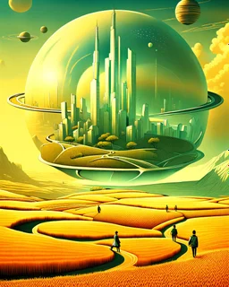 Prompt: A surreal landscape depicting a futuristic city with towering skyscrapers set within a giant spherical structure. In the foreground, winding roads traverse golden fields of wheat, interspersed with small houses and people walking. The background features a blend of natural and urban elements, with planets visible in the sky, creating a harmonious juxtaposition of nature and technology. The overall color palette leans towards soft pastels, evoking a dreamlike atmosphere.