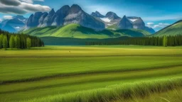 green sloping field near Banff with rocky mountains in the background