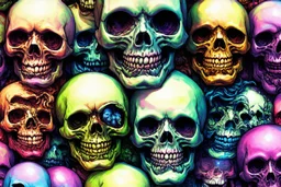 a field of 1000s of cartoonish, anatomically correct, skulls, vivid RANDOM BRIGHT neon colors, dark comedy, well lit, high detail, photorealistic, horrorcore, fun, scary, none featured, each a different color or hue,