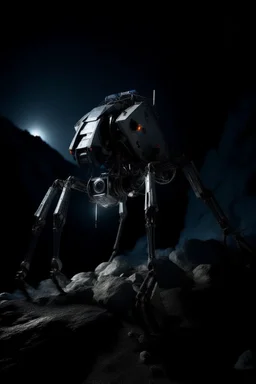 eight legged mechanical walker scaling a very steep rocky side of mout everest at night, it has a smooth surface, it has storage pods on its belly human can fit in the pods