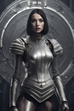 full body picture of a skinny woman with a bob, in silver armour, holding a curved sword, futuristic steampunk background