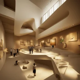 Museum design with “interactive exhibition halls”, natural lighting, modern style, earthy colours