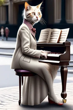 One single mature cat lady playing piano on the street, sitting on a chair,Vienna, friendly, model style, hyper realistic, extremely accurate, delicate, extremely detailed, Graphic novel style, wide-angle, open aperture, superfine pencil