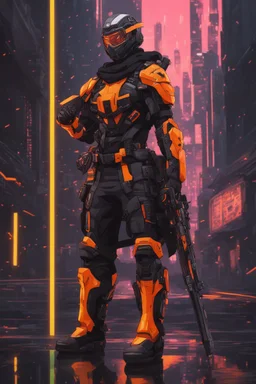 Ninja machine in solo leveling artstyle, black custom, cyberpunk them, neon orange details, Sakura background, full body, apocalypse, intricate details, highly detailed, high details, detailed portrait, masterpiece,ultra detailed,best quality