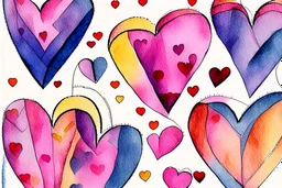 Hearts abstract wet watercolour in the style of Paul klee with thin sketchy pencil lines