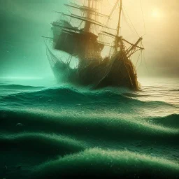 beach with ship wreck, closeup on ghost, water, reflection, movie poster, fantasy art, misty