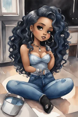 Create a futurism magna watercolor pain art of a black chibi curvy female sitting on the floor looking at herself in a hand mirror. She is wearing tight blue jeans and a black off the shoulder blouse. Prominent make up with lush lashes. Highly detailed long wavy hair. She is also wearing silver large hoop earringsart of a black chibi curvy female sitting on the floor looking at her cell phone. She is wearing tight blue jeans and a black off the shoulder blouse. Prominent make up with lush lashes