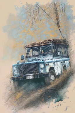 an old land rover rover is climbing a slope covered with wet autmn leaves from the surrounding trees watercolor painting