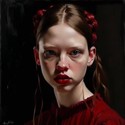 Actress Mia Goth, there are freckles on her cheeks, she has no eyebrows, she has pouty lips, red cheeks and nose, braids, red dress, in the style of egon Schiele sketch