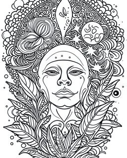 outline art for stoners coloring pages with A very simple and minimal design featuringA trippy cosmic journey through space, with planets and stars morphing into cannabis leaves, white background, sketch style, fully body, only use outline, mandala style, clean line art, white background, no shadows and clear and well outlined