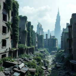 Ultra realistic photo, desolate cityscape, with broken buildings and a thick layer of vines and foliage covering the ruins., futuristic style, HOF, captured with professional DSLR camera,64k, ultra detailed,colourfool