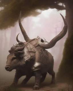 Minotaur, half man. Half bull crw majestically galloping through the dense forest in the style of Doug Hyde , fantastical landscape, soft strokes , mythology portrait, classic illustrated digital design