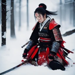 In this dramatic portrayal, an Onna-musha — a female samurai of ancient Japan — is depicted in the aftermath of an intense battle. She sits, knees planted firmly in the blood-stained snow, her body language one of exhaustion yet undefeated resolve. Her armor, though smeared with the visceral evidence of combat, remains dignified and imposing, each plate and lacquer thread telling the story of a warrior's relentless spirit. Her face is a canvas of fatigue, marked with the splatters of war, but he