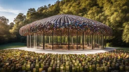 Small Pavilion made from hundreds of wine bottles, amazing detail, beautiful composition, award-winning photograph, astonishing realism, 28mm lens, adjust perspective, rule of thirds