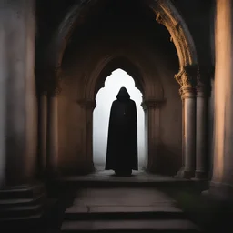 A cloaked figure standing beneath a crumbling Gothic arch, face concealed by shadows. Photograph him against a misty graveyard backdrop at twilight.