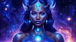 Full body portrait of a peaceful smiling gorgeous Goddess of the galaxies with a blue indigo purple skin, high skul, luminous eyes