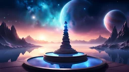 magic tower and meditation round podium , sky, ethereal space, cosmos, water, panorama. , Background: planet, bathed in the cold glow of distant stars. realty mountains, only sky, where you can see , panorama. Background: An otherworldly bathed in the cold glow of distant stars. gloomy landscape with dramatic HD highlights detailled.