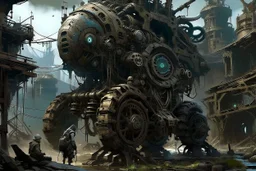 Chronomorph CybPost-Apocalyptic Tribal Wasteland , neo cyberpunk people, deep complementer colors, , The atmosphere dystopian, mecha, ruins, sharp focus, intricate details, weird, cinematic, crepy stunning