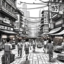Illustrate a street view of people engulfed in technology in a asian city in Charles Gibbons sketch style (similar style like the previous one)