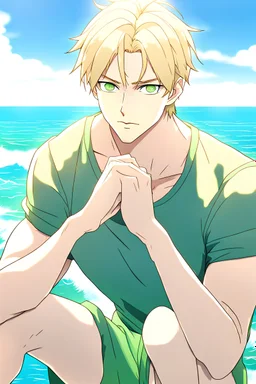 The handsome and perfect portrait is on Spruce Street, anime, blonde-haired and green-eyed male character on the beach for the magazine, 8K resolution, high quality, ultra graphics, and detailed with lines.