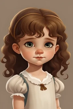 niña de tres años animada de tes blanco ojos marrones y redondos, pelo con rulos y flequillo marron , con ojeras, y nariz larga, con vestido blanco.