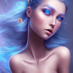 femme,cheveux bleu,diadème spatial,yeux bleus,peau bleau,combinaison spatiale,lumière