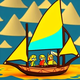 Legend Of Zelda: Wind Waker style Small wooden ship, with bright sails, on a vast ocean, stylized, colorful, adventurous, full view.
