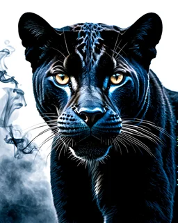 Majestic jet black Panther, beautiful, magical. Looking at the camera. 64K high definition, hyper detailed realistic detailed, vivid satin black color, energetic, smoke. Aesthetic & the art of beauty masterpiece, stunning colors, super polished, beautiful artwork combines watercolor texture with digital art’s. Vibrantly colored, stylized. Surrounded by mist. Magical. Super fine detail, hyper-realistic, 64K Ultra-realistic, ultra high definition, Ultra realistic, natural lighting, cinematic light