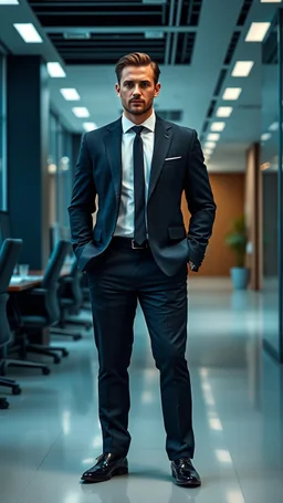A man in a tailored suit stands confidently in a 2020s office. He has slick hair and a serious expression.