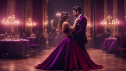 Hyper Realistic Handsome-Muscular-Man-Wearing-Red-Velvet-Tuxedo Dancing with a Beautiful-Girl-Wearing-Purple-Velvet-Gown with dinner-setup at night with dramatic-&-cinematic-ambiance