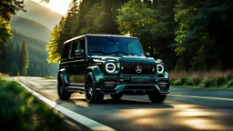 A (((G-Wagon mustang))) featuring a luxurious interior, advanced technologies, and a sleek body kit designed by MANSORY, front cinematic view on road in morning