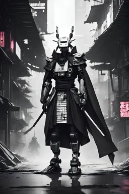 samurai robot in black and white cloak in a cyberpunk environment