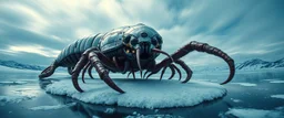 airbrush 3d rendering, frontal close up of alien underneath chrome centipede lobster huge space ship on small frozen island in lake, pinhole cam, background motion blur