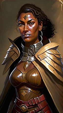 A tall human woman with tanned skin. Her face, marked by the years, always has a smirk on it, showing her superiority in the eyes of the others. She is dressed in leather armor and wears a wheel cape.