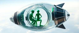 highly regular and hairy transparent soccer ball space ship with green alien director men inside, front flaps, ailrons