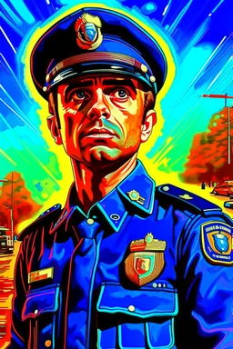 A movie poster of a American police officer,!ground level camera view looking up camera shots in the style of oil painting