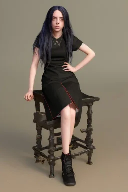 Billie Eilish, sitting on a chair, Black Short Dress, high detail