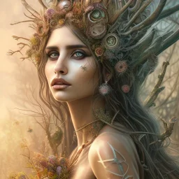 penelope cruz, rusty metal, feathers, Dryad, fae, sidhe, ominous, nature, plants, wildflower, facepaint, dnd character portrait, intricate, oil on canvas, masterpiece, expert, insanely detailed, 4k resolution, retroanime style, cute big circular reflective eyes, cinematic smooth, intricate detail , soft smooth lighting, soft pastel colors, painted Renaissance style