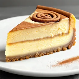 A decadent slice of cinnamon roll cheesecake, showcasing layers of creamy cheesecake filling and swirls of cinnamon-spiced pastry. The top is lightly browned and glistening. Served on a white plate, garnished with a sprinkle of cinnamon. Photorealistic style, high resolution, appetizing close-up shot.