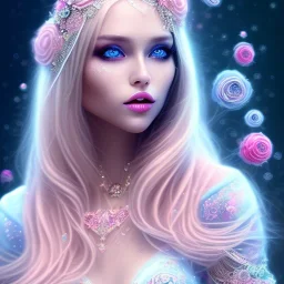 beautiful, soft, smiling face, whole head, long straight blonde hair blues eyes, crown on the head, clothing in transparent bluish and pink veil, background brillante bluish and pink, hight definition, 8K