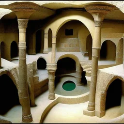 deep underground society with pueblo, greek, and islamic architecture