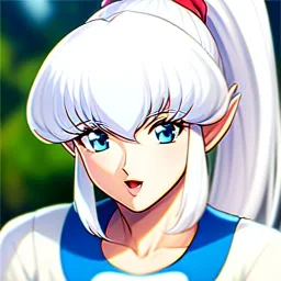 Clear focus, 8k, Elf, 80s style, White hair, ponytail, hair in between the eyes, up close,