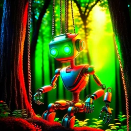 portrait of a cute 90s chat robot swinging in a rope in an underground grove, in the style of dali, 8k, down-light, soft light, depth of field, photo realism, trending on art station, high detail